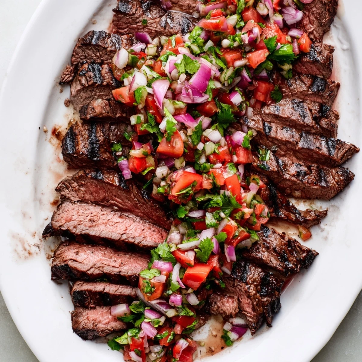 Grilled flank steak with poblano pico recipe showing juicy slices topped with vibrant green and red salsa