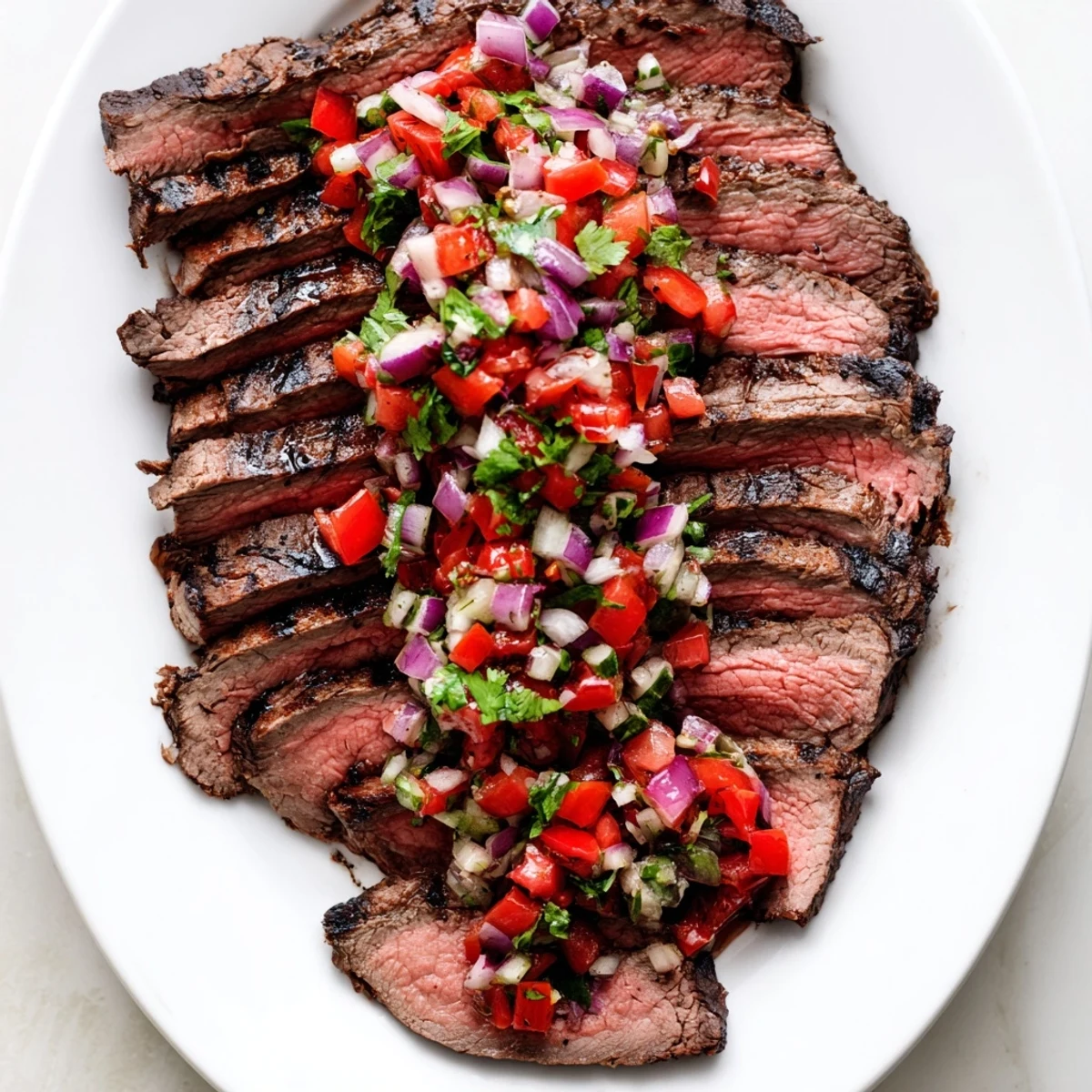 Perfectly grilled flank steak with poblano pico recipe featuring charred meat and fresh Mexican-inspired tomato salsa