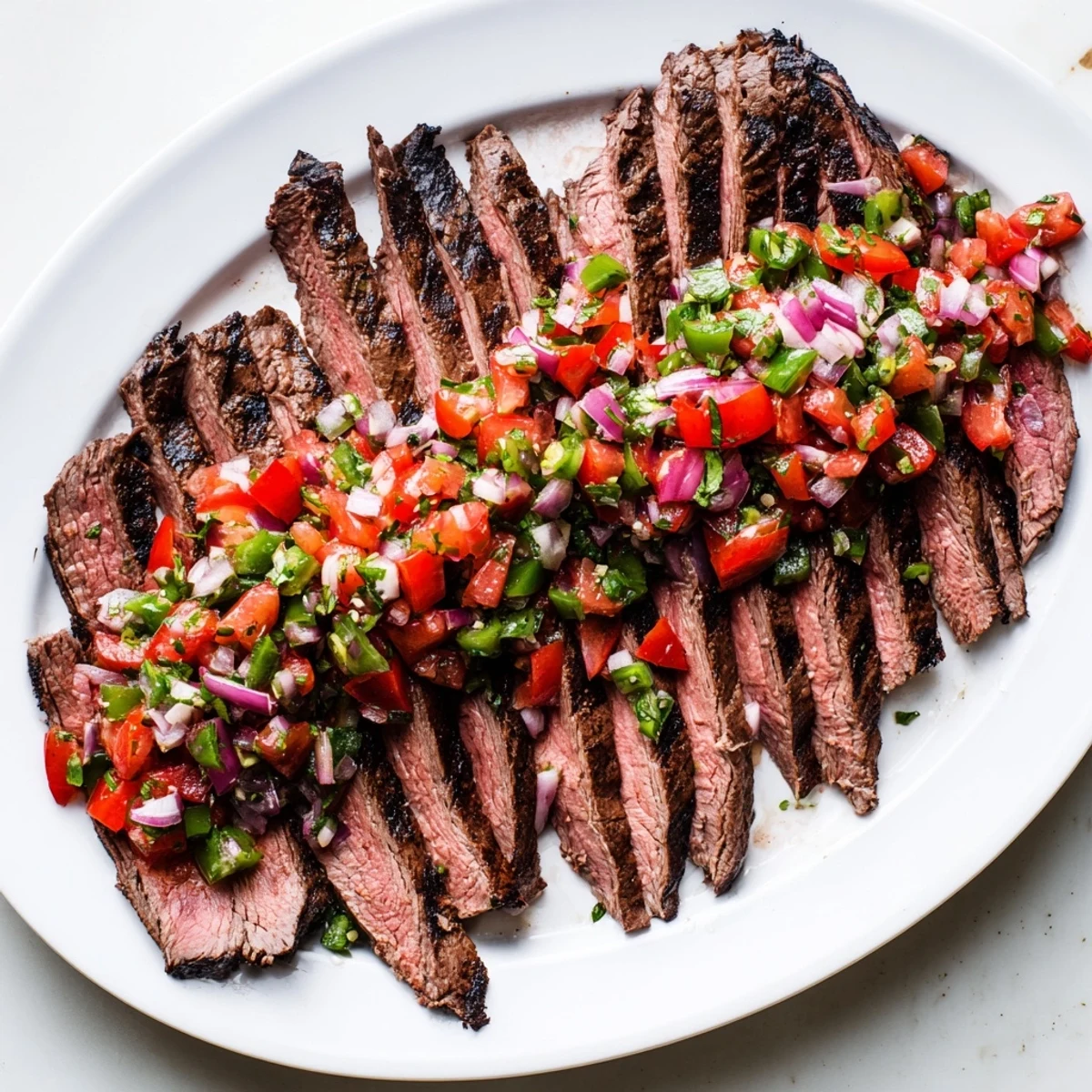 Sliced grilled flank steak with poblano pico recipe arranged on a platter with zesty chile-lime topping