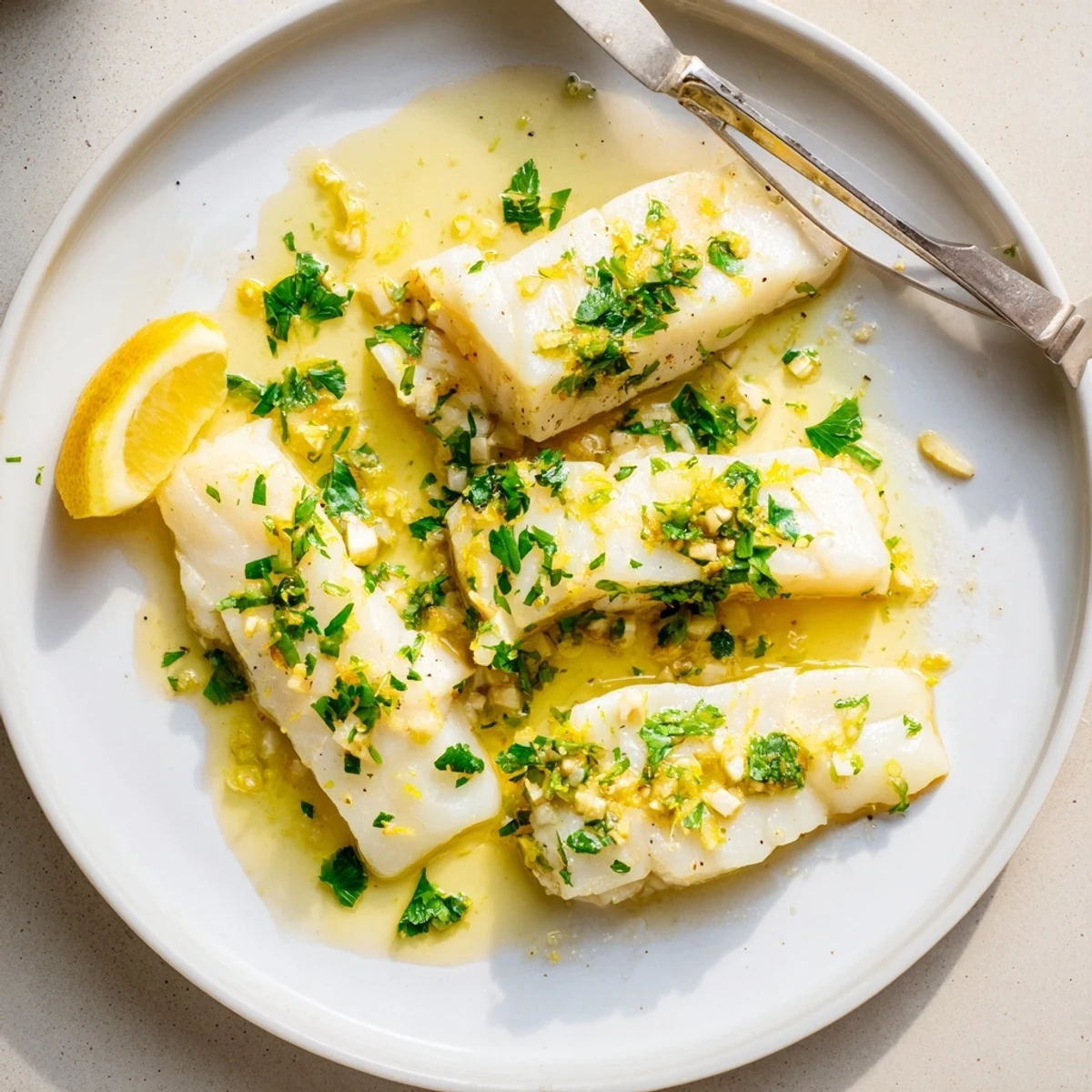 Golden pan-seared cod fillets swimming in rich lemon garlic butter sauce with fresh parsley