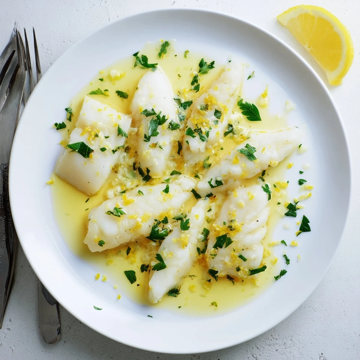 Flaky white fish drizzled with melted butter, garlic, and bright lemon zest on a plate