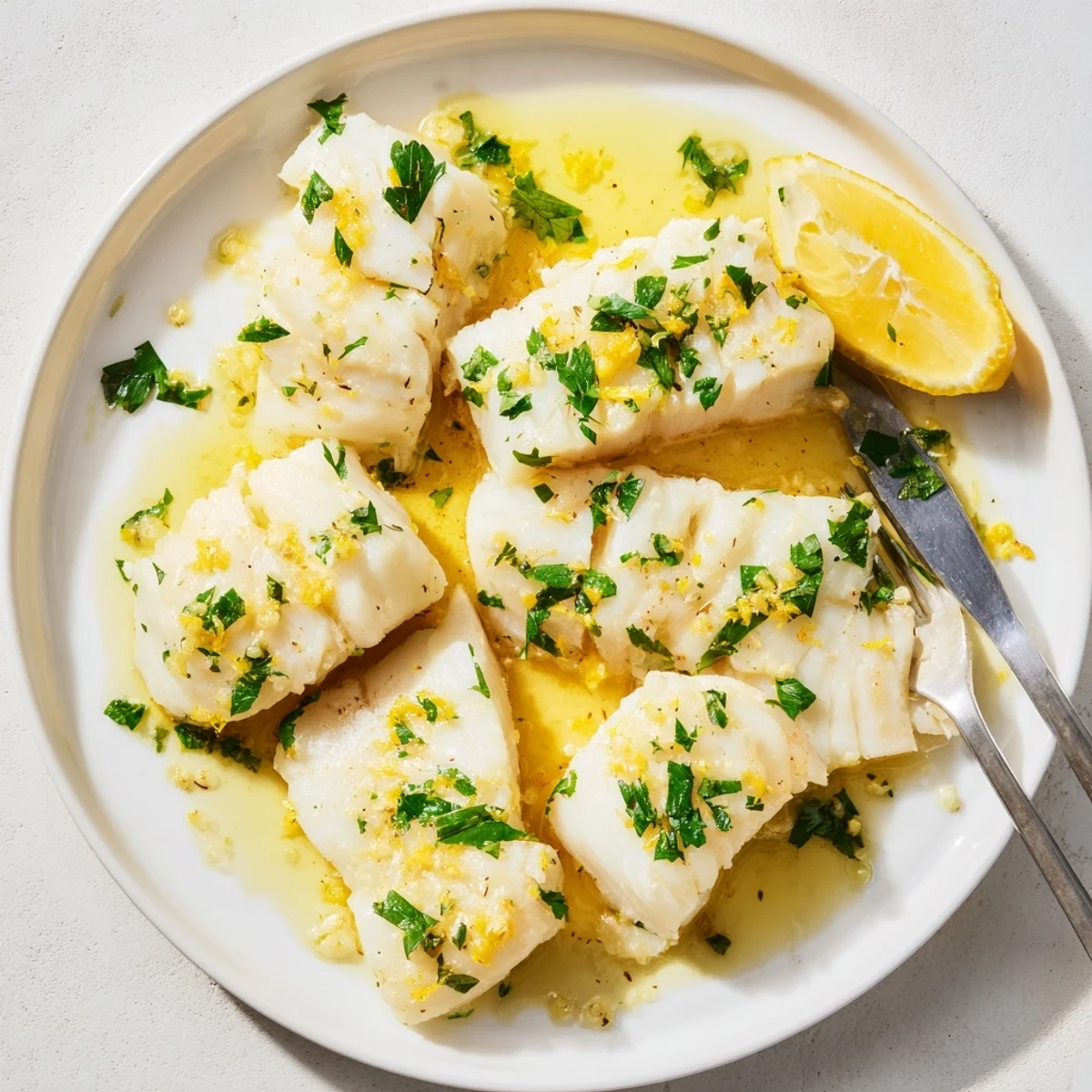 Tender lemon garlic butter cod served with sauce and garnished with parsley and lemon wedges
