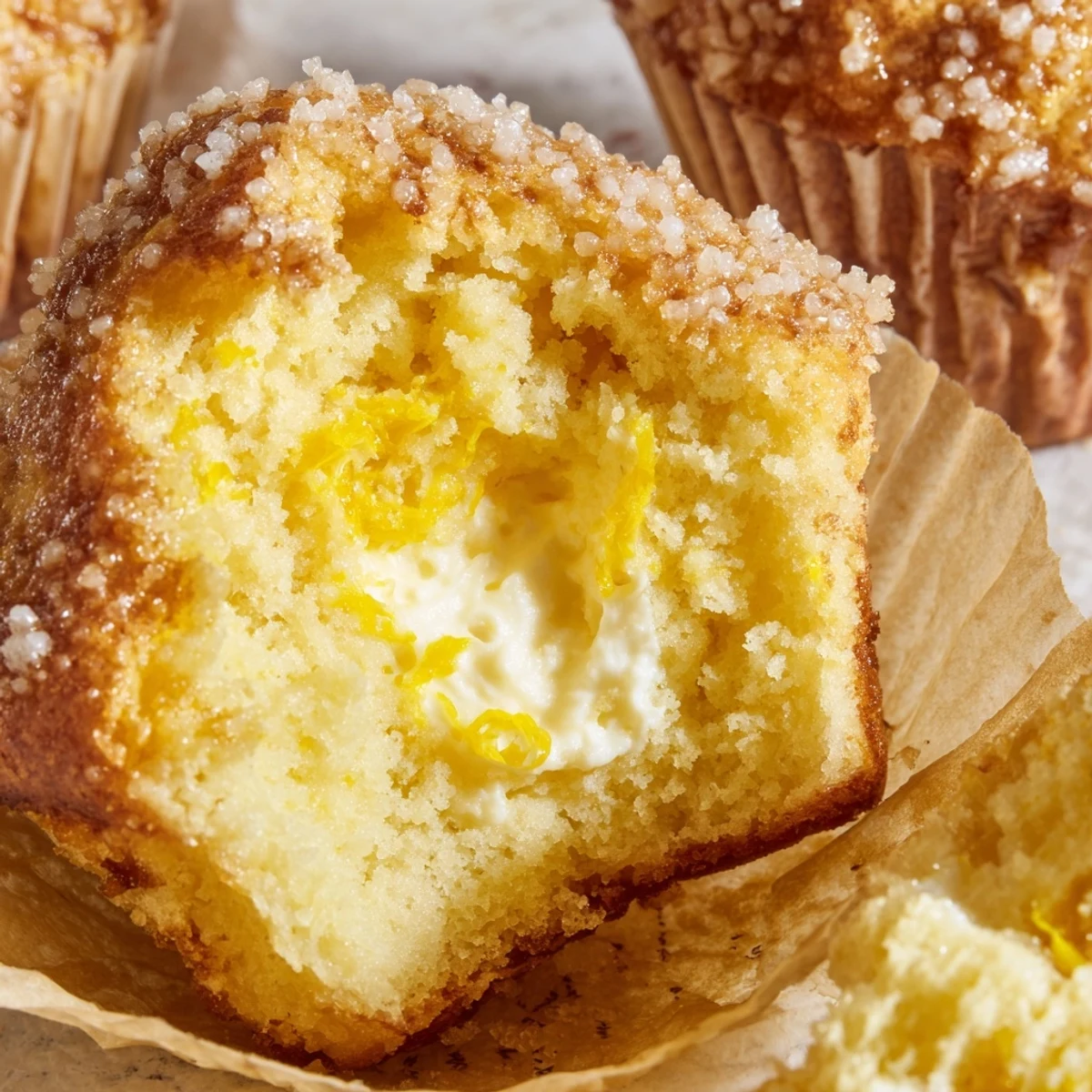 Moist breakfast muffins with sweet cream cheese center and bright lemon zest garnish