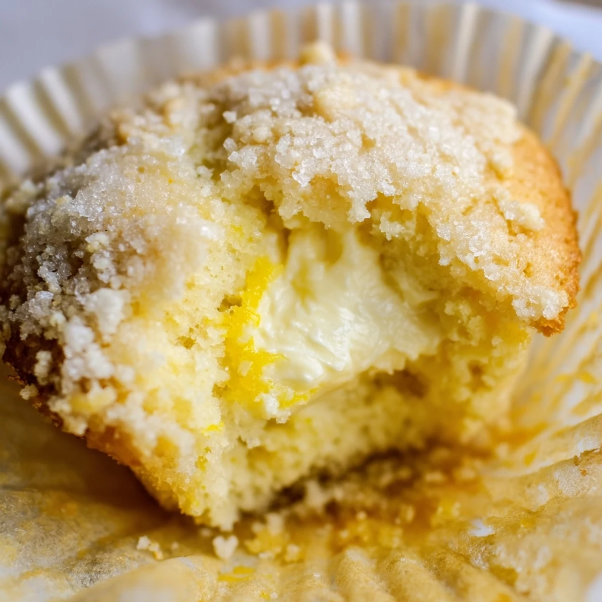 Golden lemon cream cheese muffins topped with sparkling coarse sugar, fresh from the oven