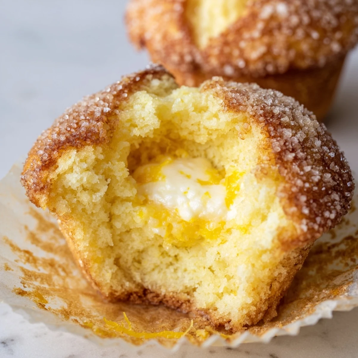 Batch of twelve cream cheese stuffed lemon muffins cooling on wire rack