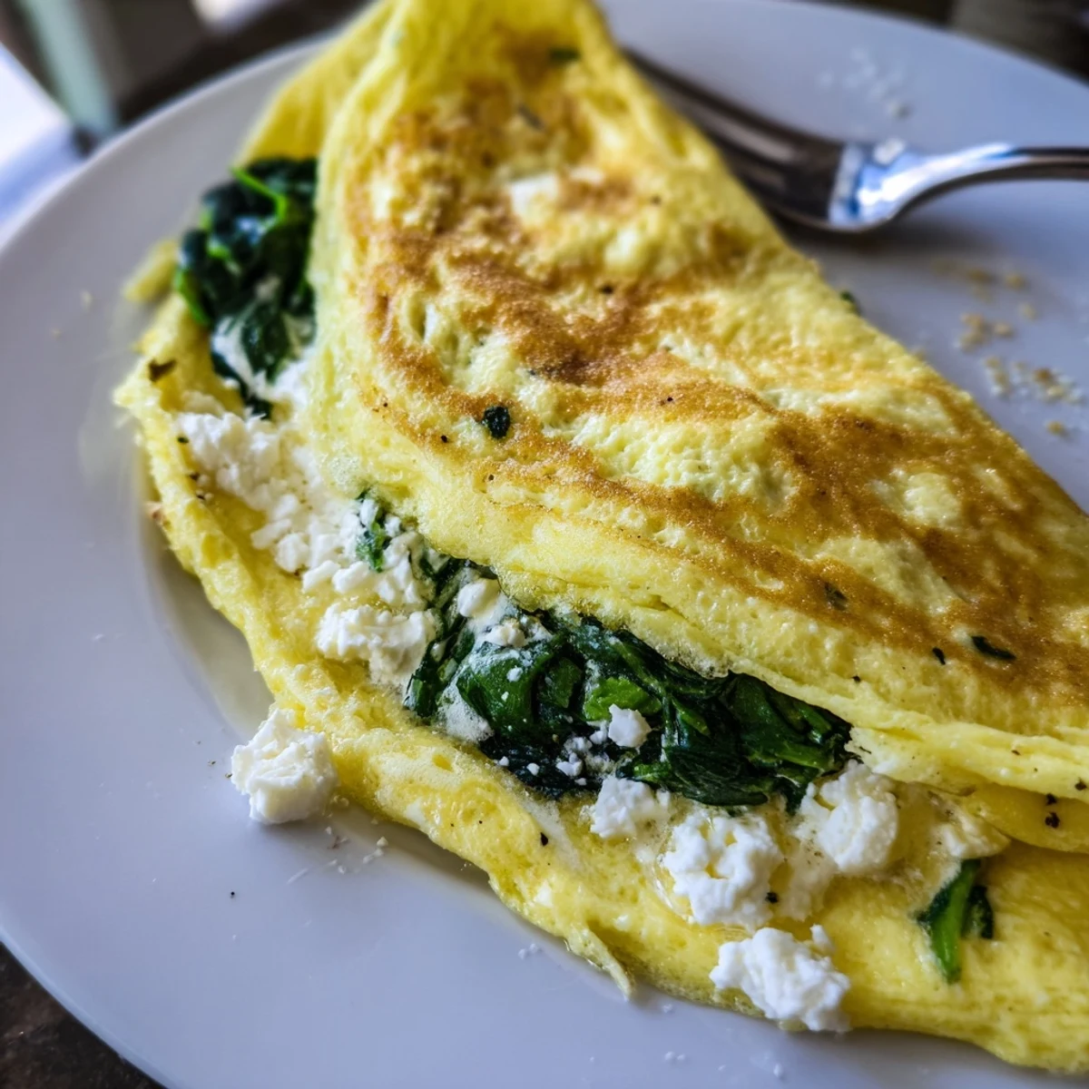 Golden spinach feta omelet folded over melted cheese and wilted green spinach