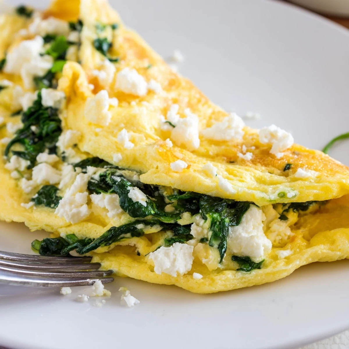 Fluffy Mediterranean omelet filled with tender spinach leaves and crumbled feta cheese