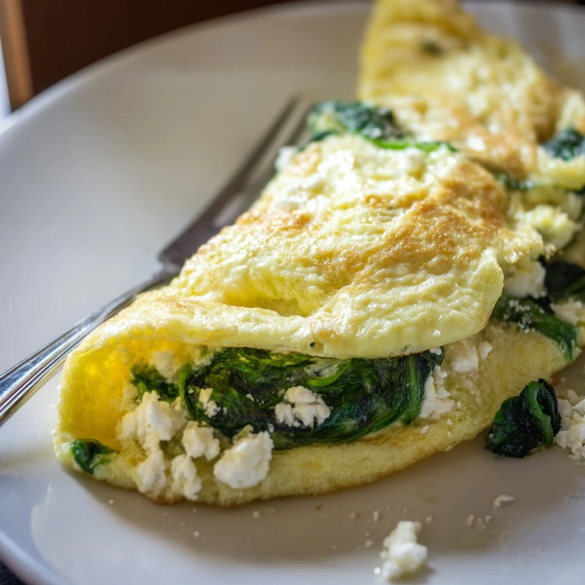 Savory spinach feta omelet recipe served on white plate with fresh herbs