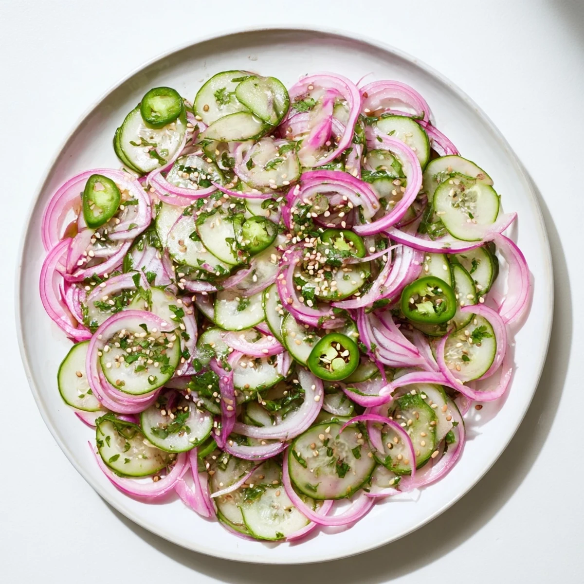 Vibrant cucumber salad drizzled with honey lime dressing and garnished with cilantro