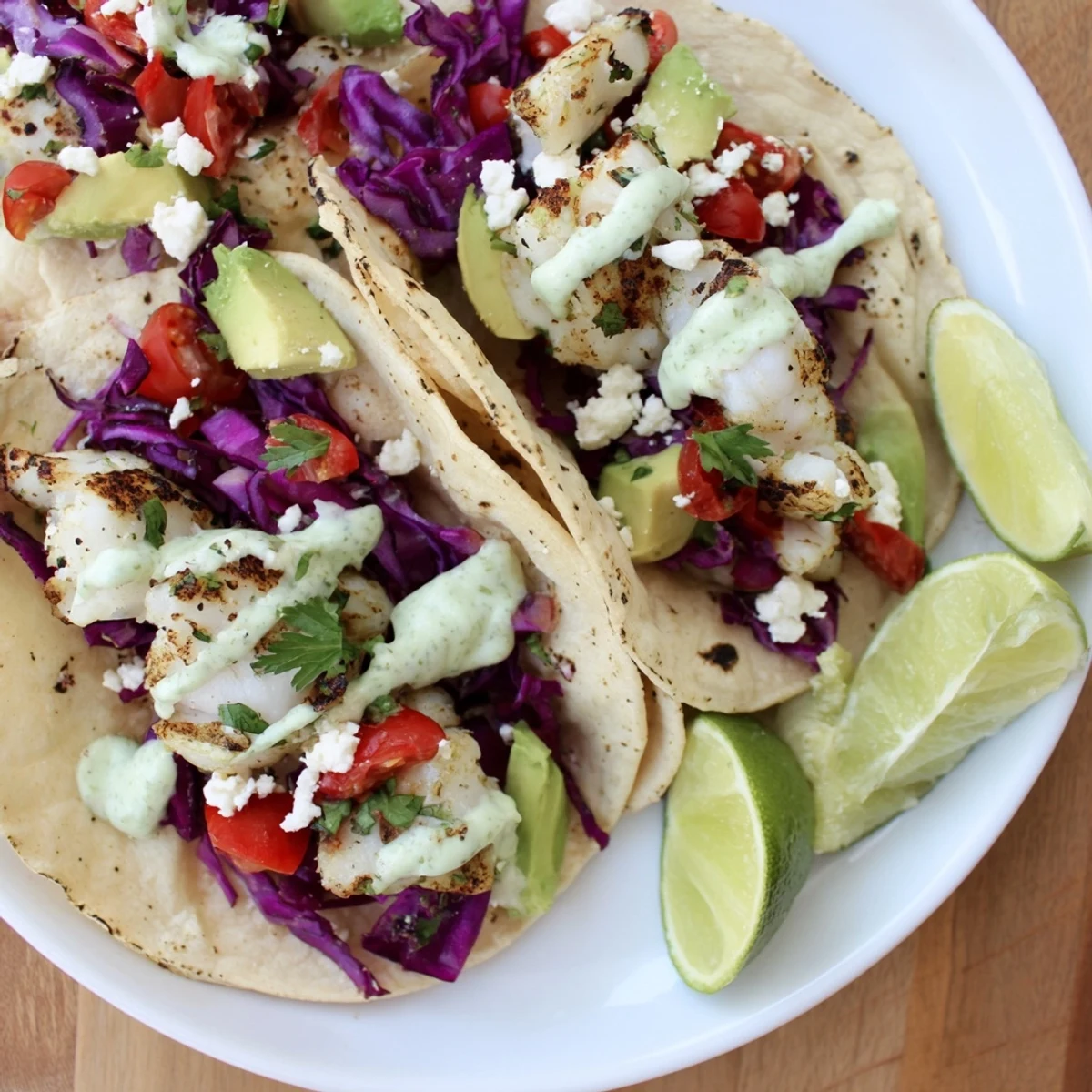 Golden grilled fish flakes inside corn tortillas topped with fresh cilantro and vibrant red cabbage