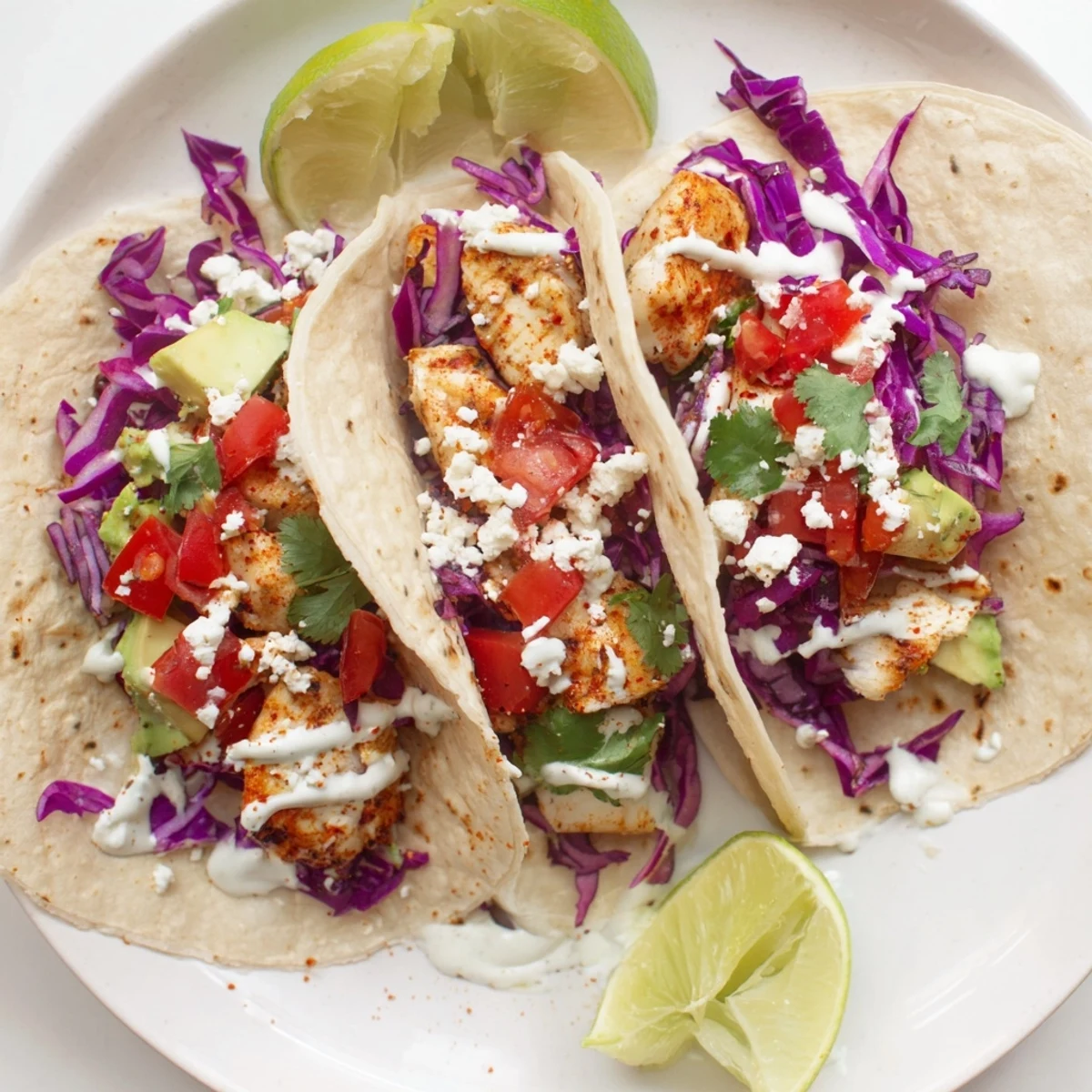 Delicious Mexican-style grilled fish tacos piled high with shredded cabbage diced tomatoes and herbaceous cilantro sauce