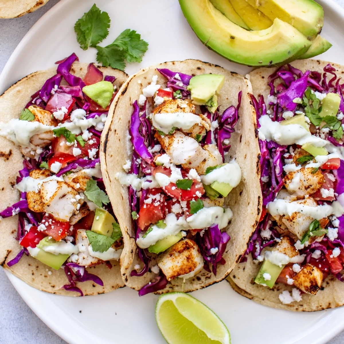 Zesty grilled fish cilantro tacos garnished with creamy avocado crumbled cheese and lime wedges