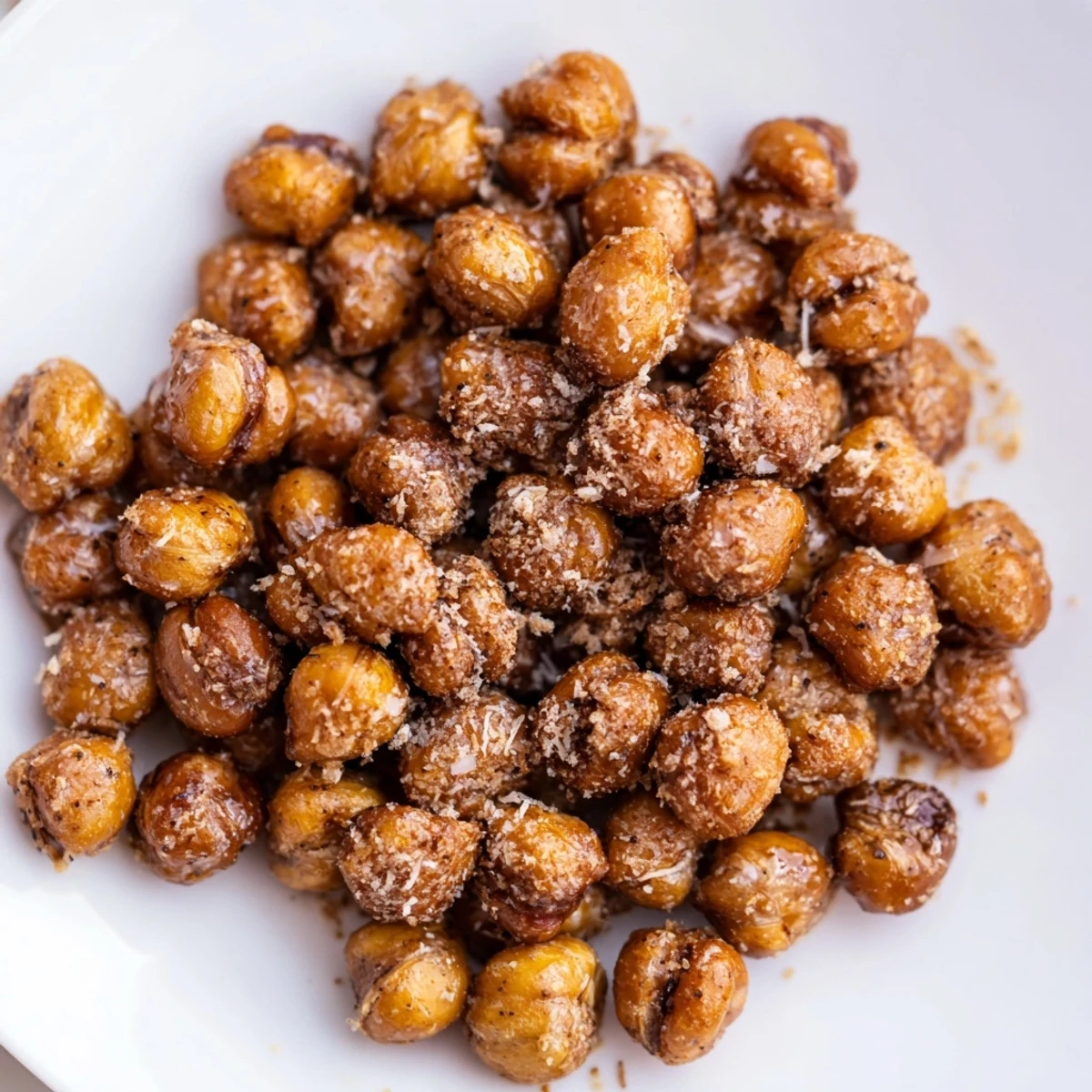 Crunchy sweet and spicy cinnamon roasted chickpeas cooling on a parchment-lined baking sheet