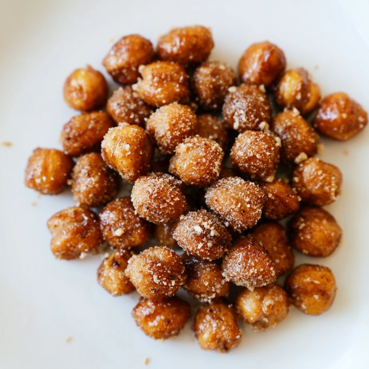 Golden brown cinnamon roasted chickpeas scattered on a white serving bowl