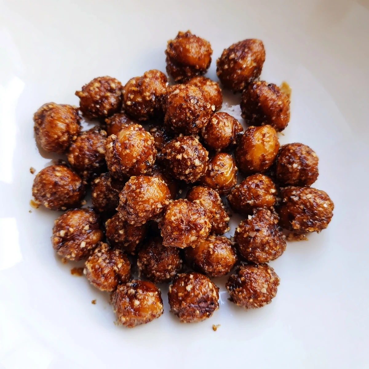 Close up of crispy cinnamon roasted chickpeas sprinkled with coconut sugar garnish