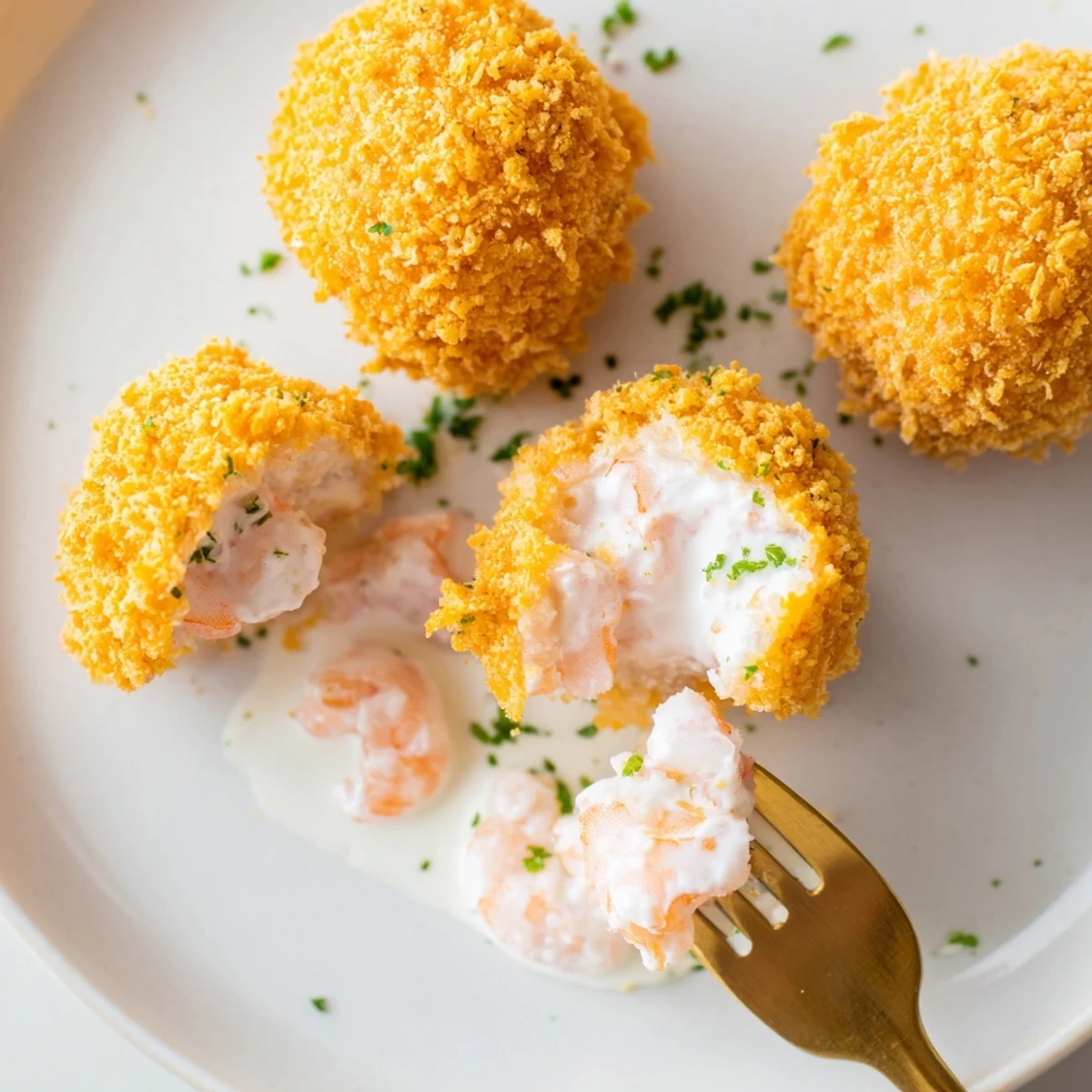 Golden Portuguese shrimp rissois arranged on a serving platter with fresh parsley garnish