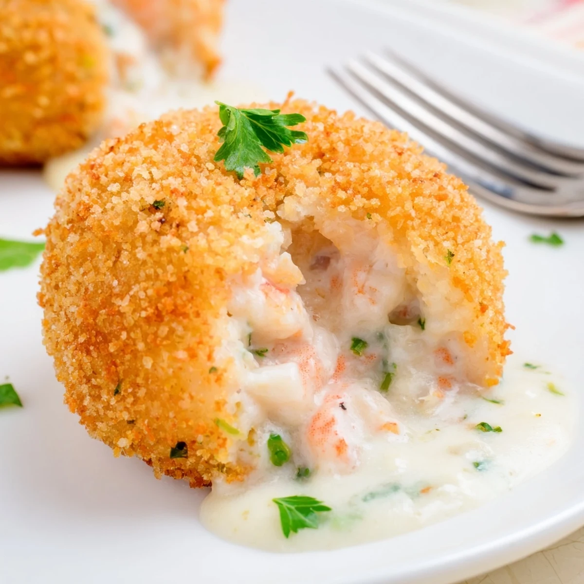 Crispy fried Portuguese shrimp rissois served warm with lemon wedges on a white plate