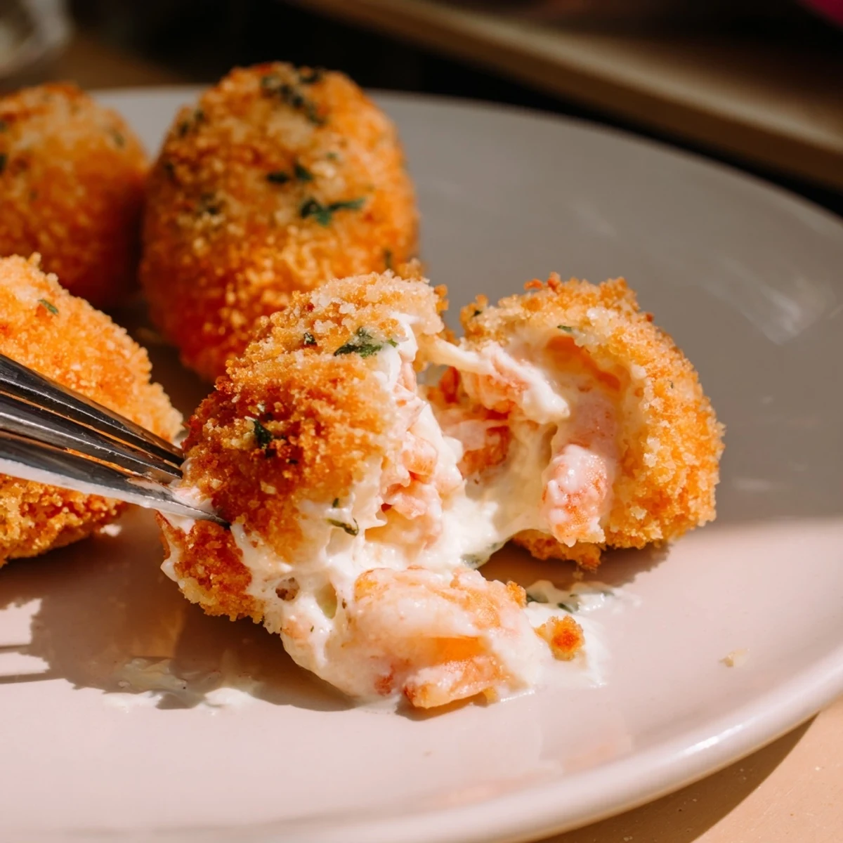 Half-moon shaped Portuguese shrimp rissois displaying their golden breadcrumb coating and creamy filling