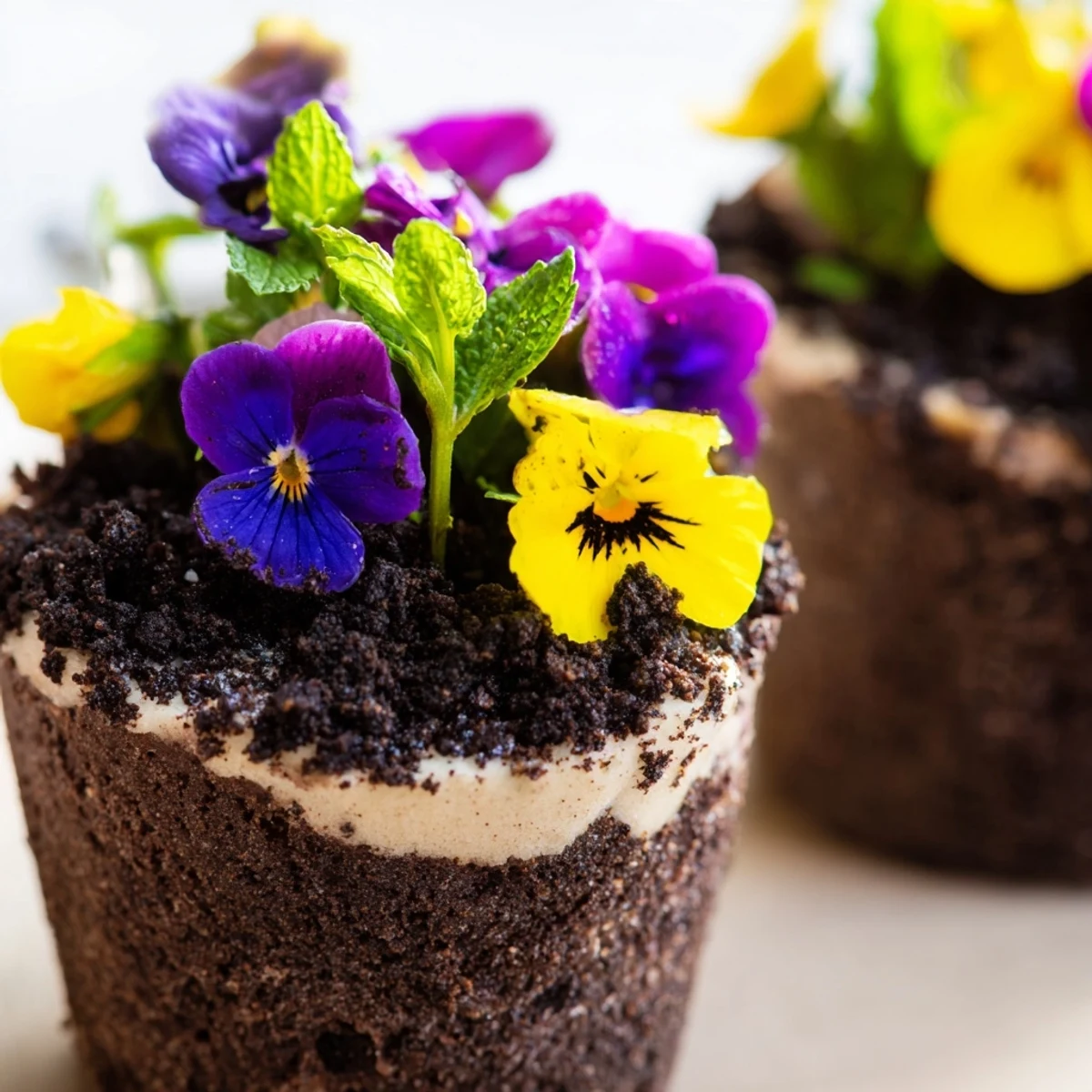 Beautiful edible potted floral garden with creamy vanilla filling crumbled chocolate cake and vibrant pansies arranged in miniature flower pots for a stunning garden themed dessert