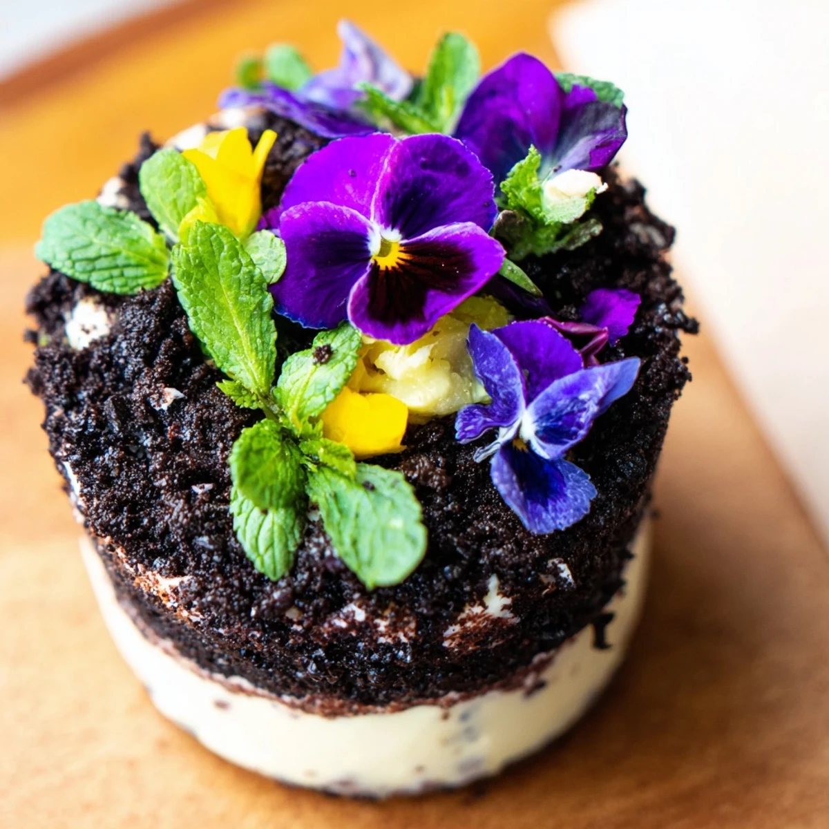 Whimsical edible potted floral garden dessert featuring chocolate cake layers topped with chocolate cookie crumbs soil and fresh edible flowers in small flower pots