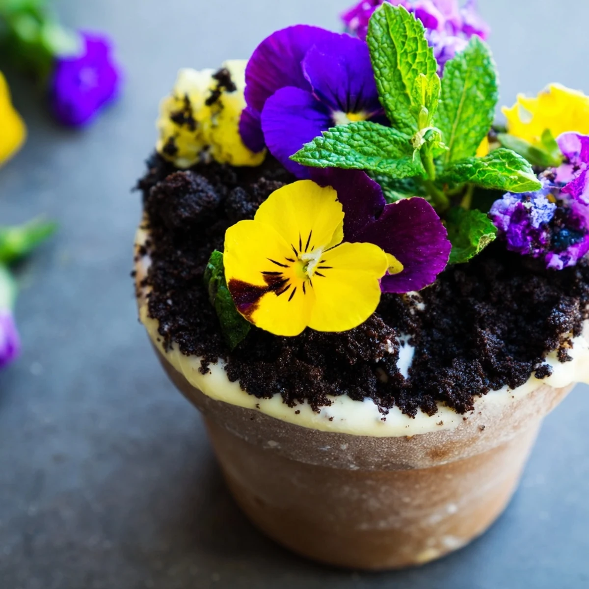 Chocolate edible potted floral garden dessert showcasing layered cake and cream beneath crushed cookie soil garnished with colorful fresh blooms and mint sprouts