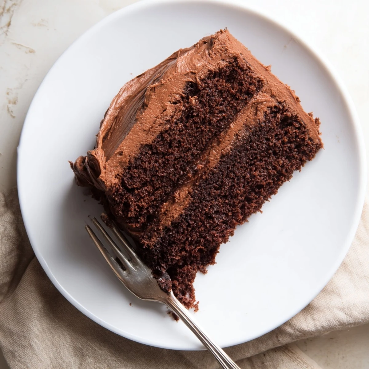 Moist Matilda chocolate cake slice showcasing rich dark layers and creamy fudge frosting on a white plate