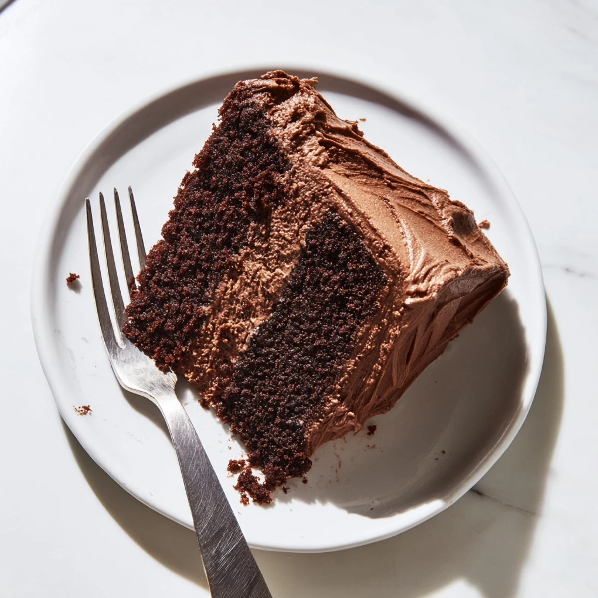 Decadent Matilda chocolate cake with tall stacked layers, glossy buttercream swirls, and chocolate crumb detail