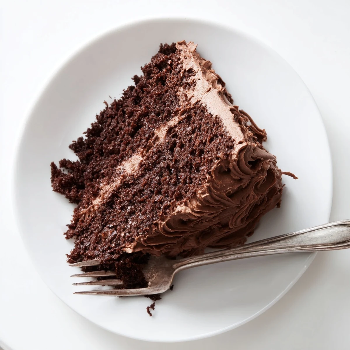 Two-layer Matilda chocolate cake topped with silky dark frosting and garnished with chocolate shavings