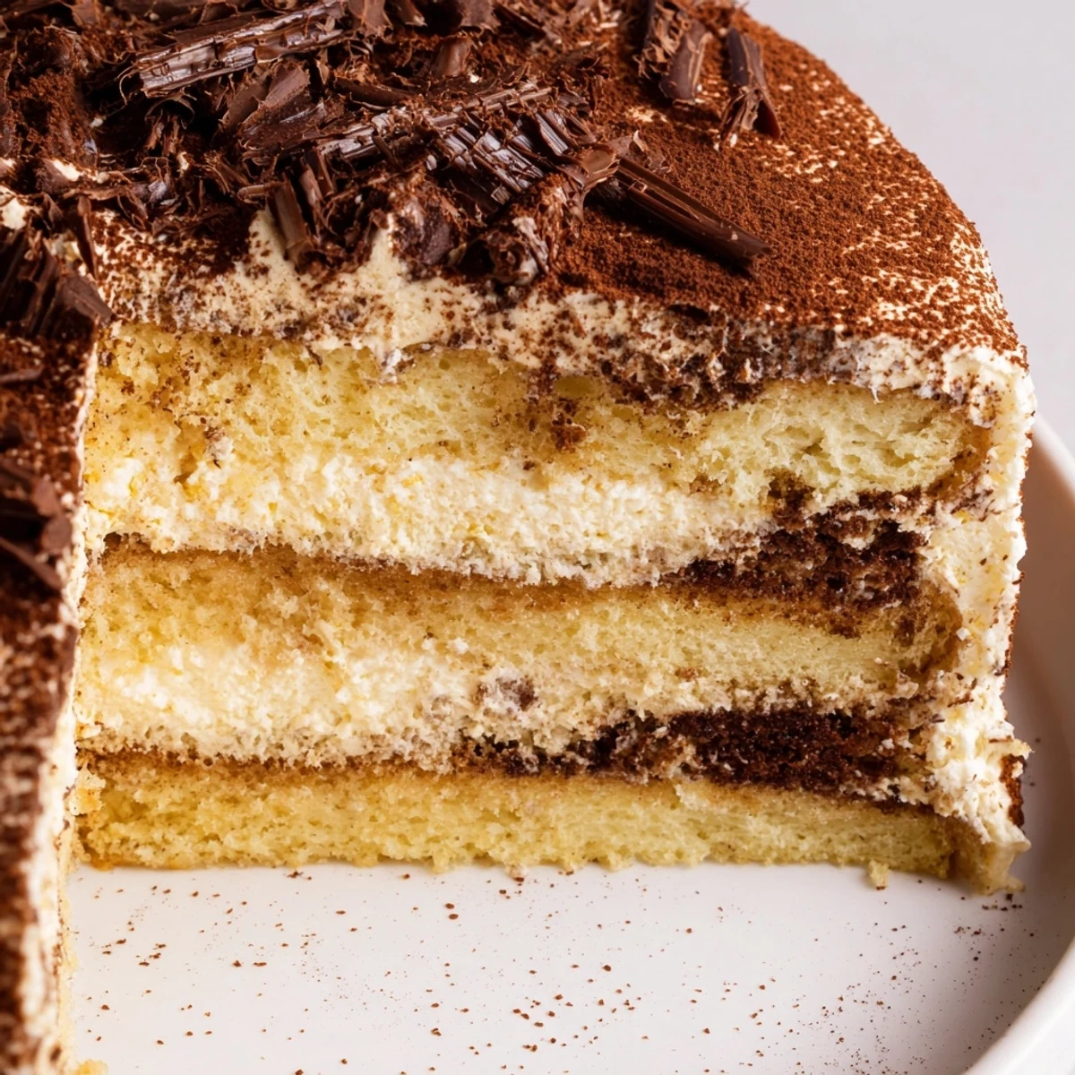 Classic Italian tiramisu cake slice revealing coffee-soaked layers and rich mascarpone cream on a white plate