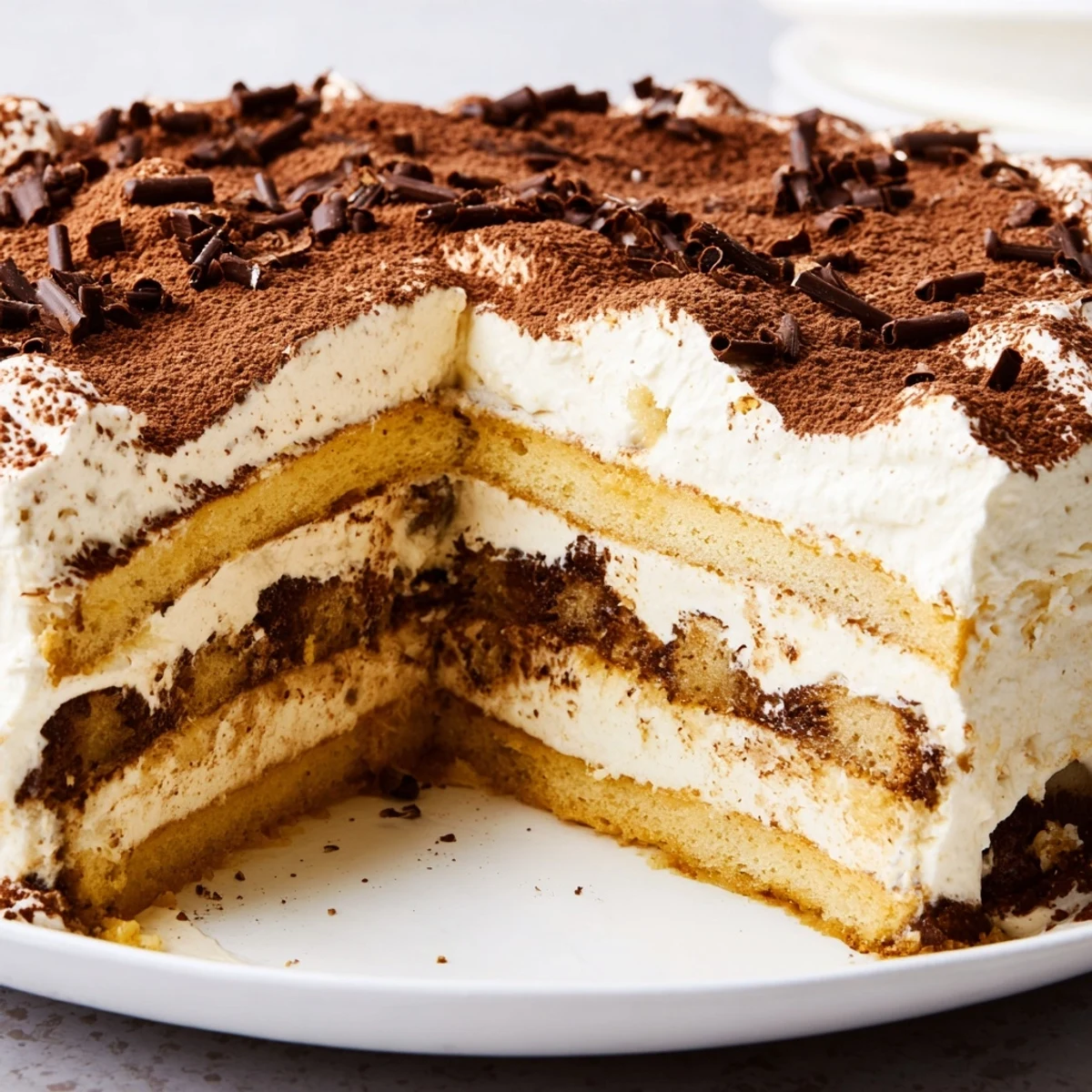 Homemade tiramisu cake with espresso-drenched sponge layers and fluffy mascarpone frosting topped with dark chocolate shavings