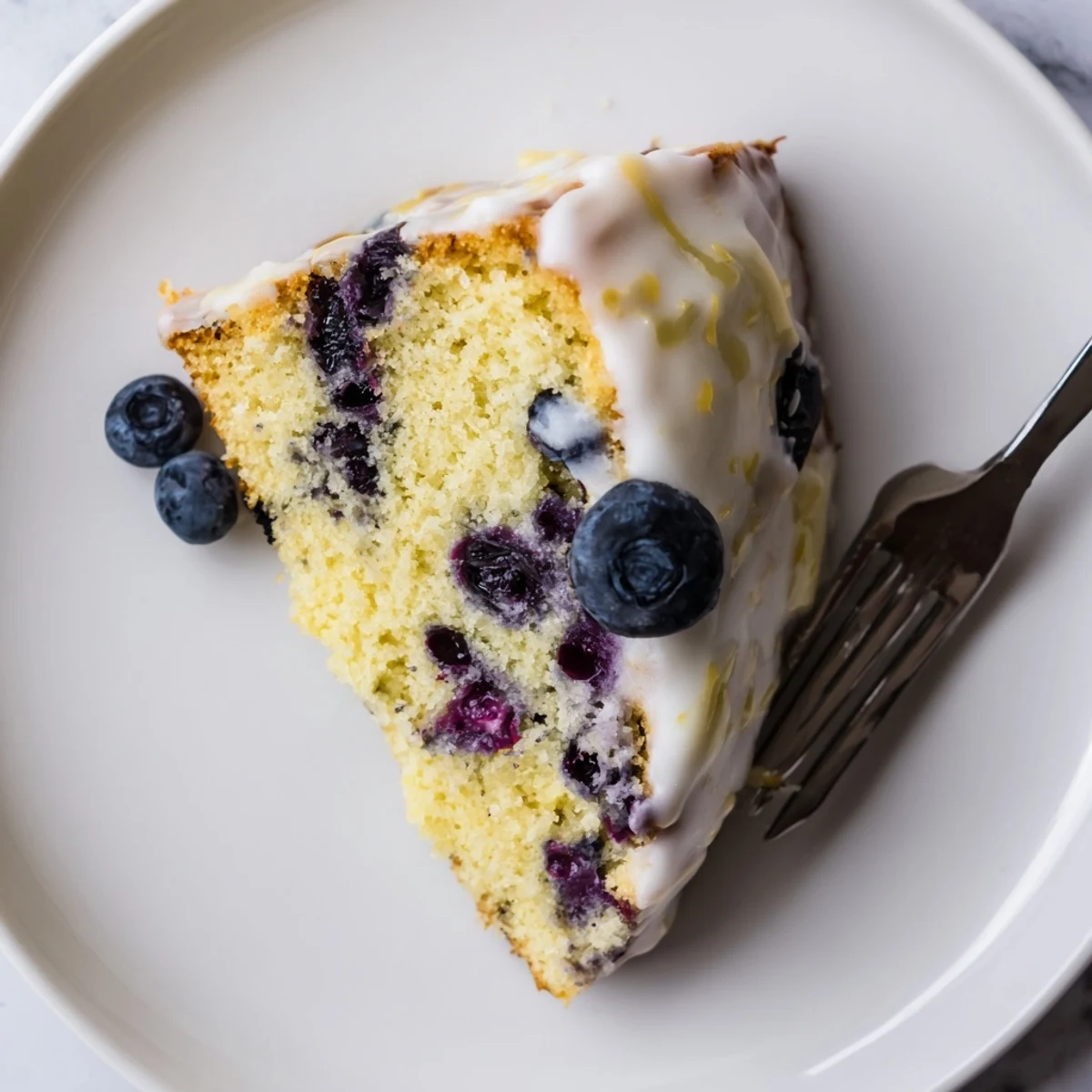 Golden lemon blueberry cake drizzled with white glaze and topped with fresh scattered berries