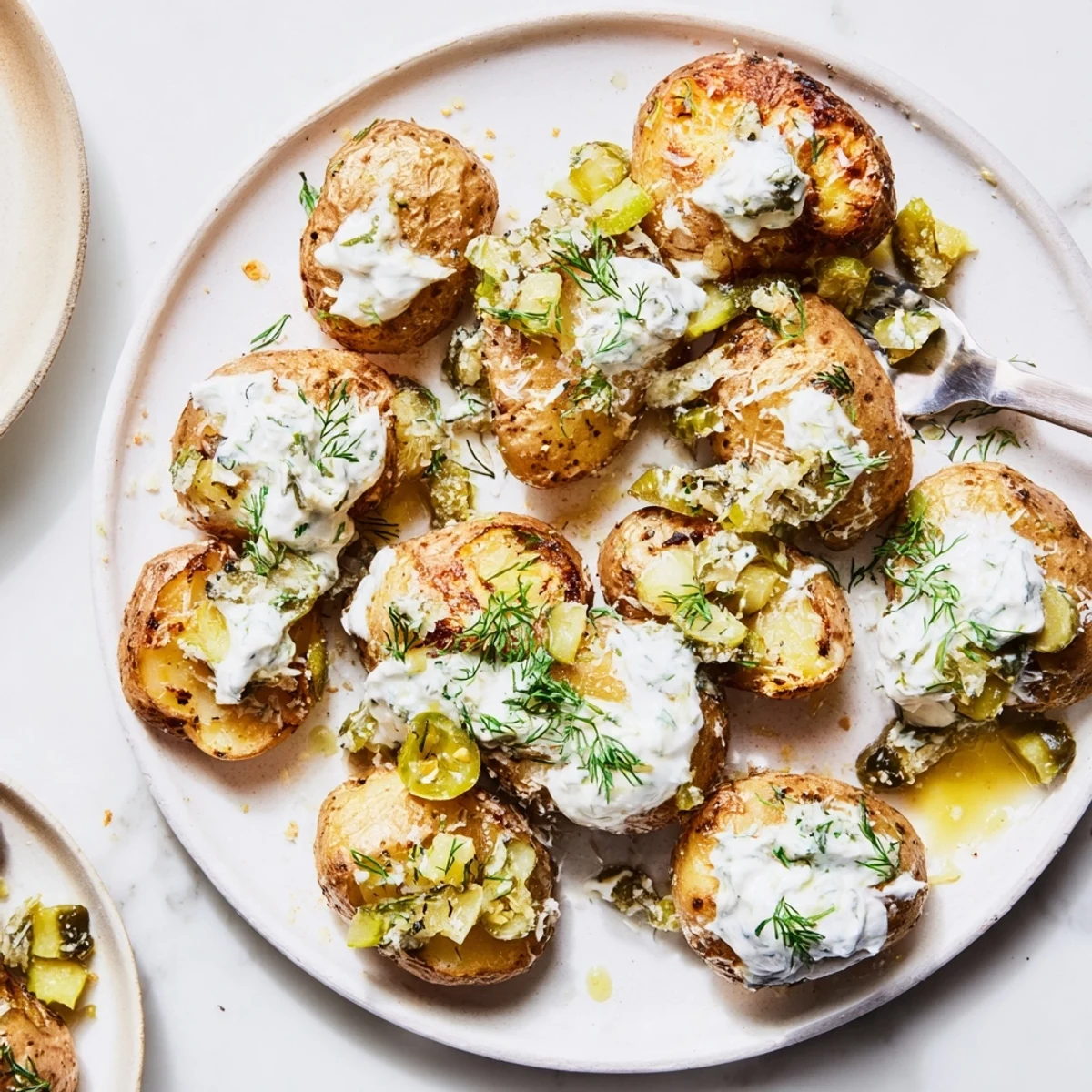 Golden crispy smashed potatoes topped with tangy dill pickles, creamy ranch sauce, and fresh green herbs