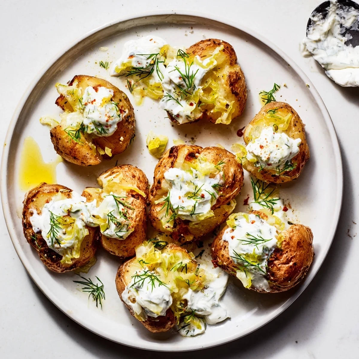 Close-up of Dill Pickle Ranch Smash appetizer showing crunchy potato skins loaded with chopped pickles