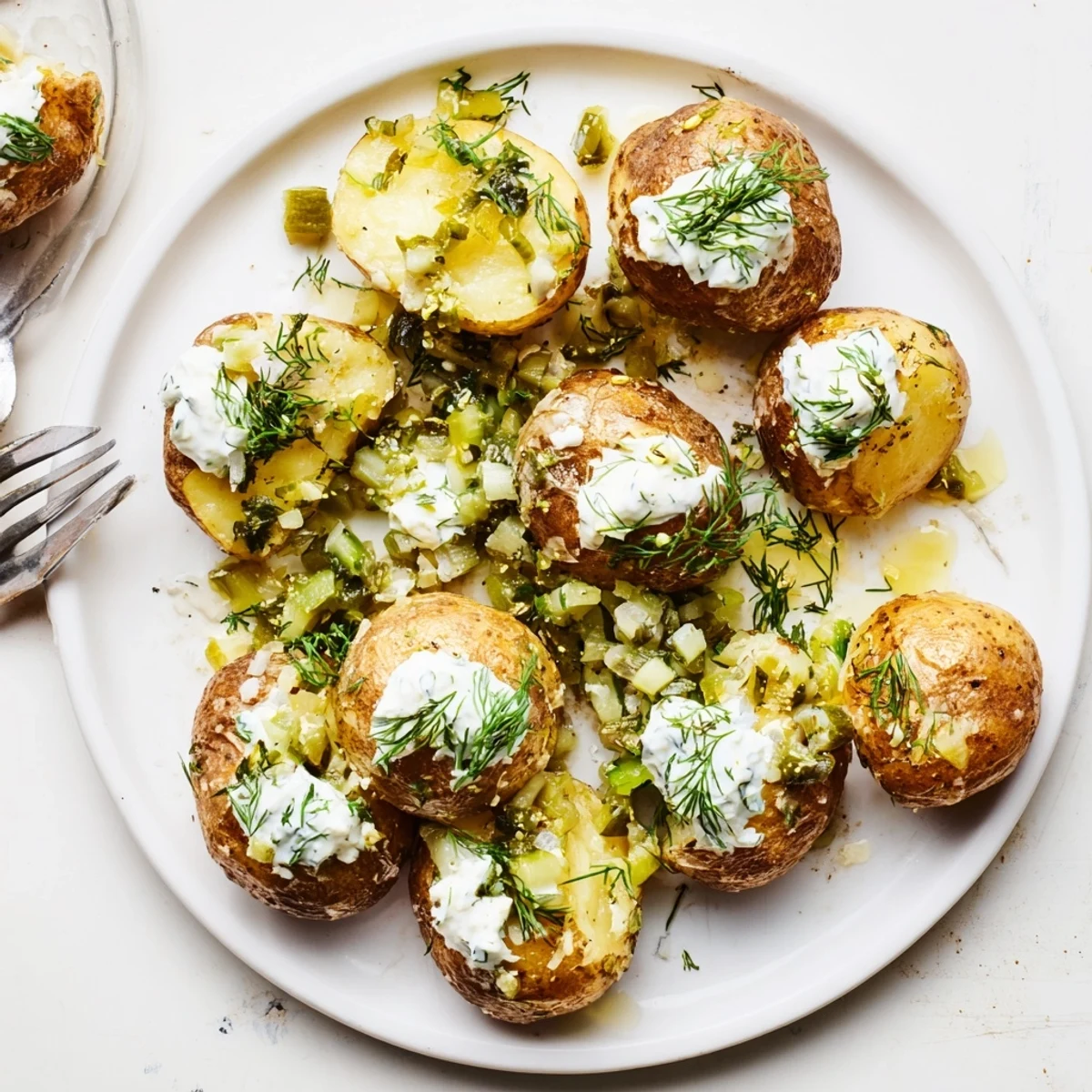 Party-ready smashed potato bites drizzled with homemade ranch dressing and sprinkled with dill and parmesan cheese