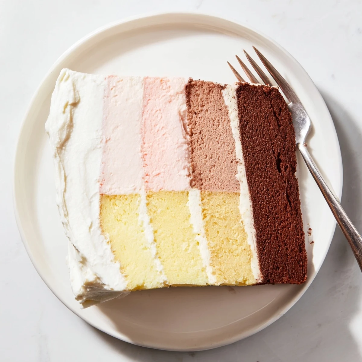 Homemade Neapolitan cake displaying horizontal stripes of chocolate, strawberry, and vanilla flavors under smooth buttercream