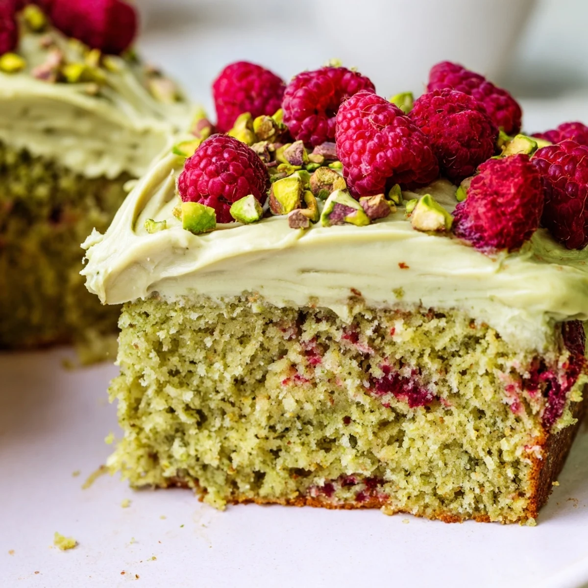 Slice of pistachio raspberry cake topped with cream cheese frosting and fresh berries