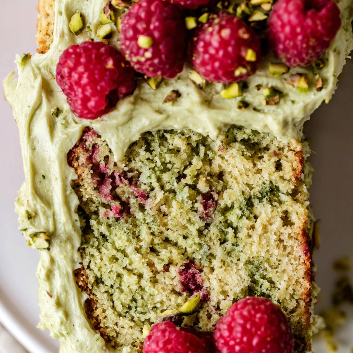 European-style pistachio raspberry cake decorated with scattered chopped nuts and ruby red raspberries