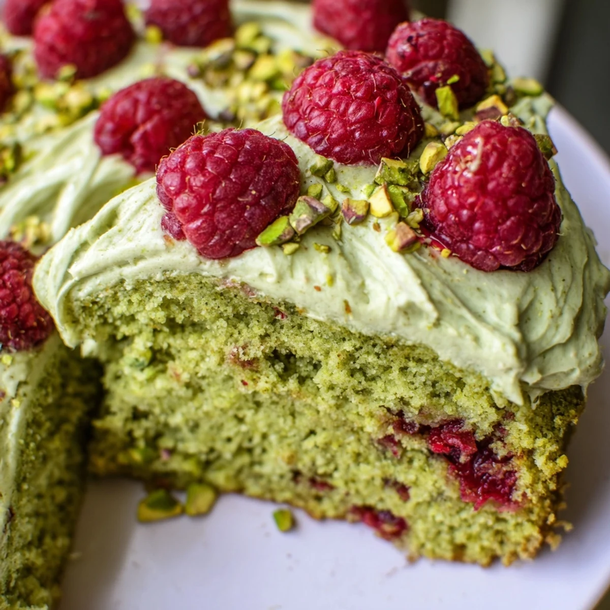 Moist green pistachio cake layered with tart raspberries and creamy white frosting