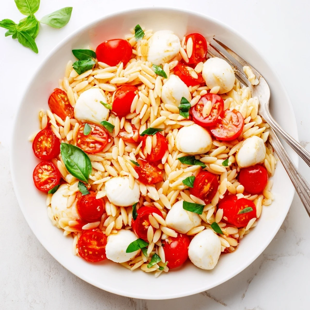 Refreshing summer Caprese orzo pasta salad featuring tender orzo, halved tomatoes, and mozzarella balls tossed together
