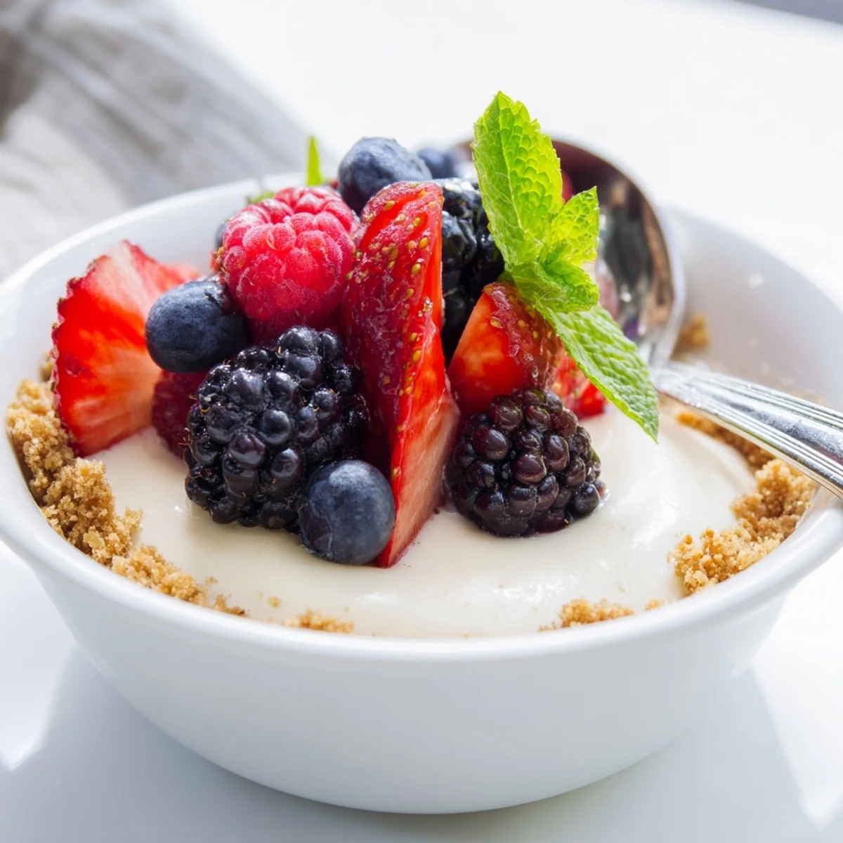 Golden crushed biscuit base topped with fluffy no bake berry cheesecake bowls and vibrant fresh strawberries