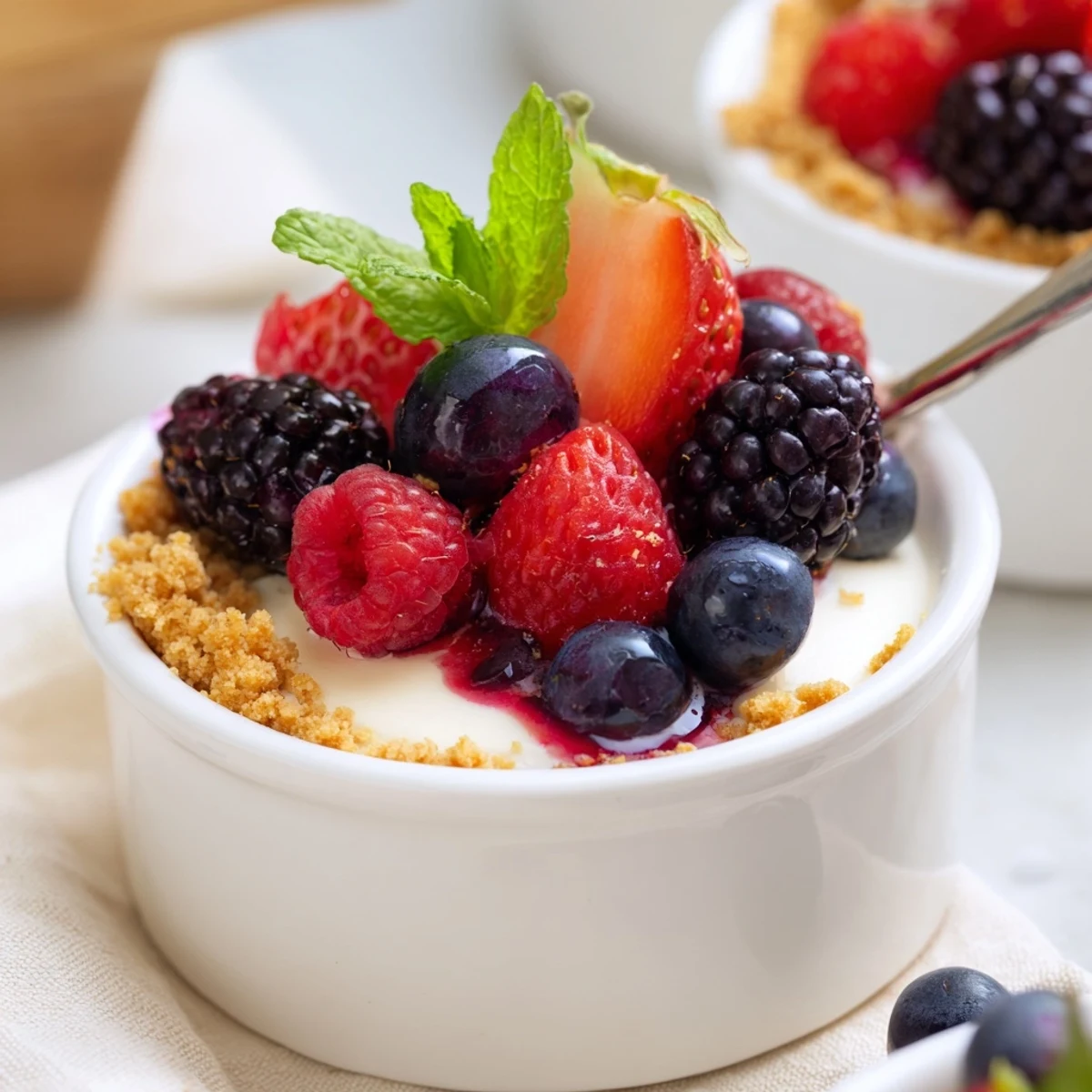 Individual glass servings featuring creamy no bake berry cheesecake bowls layered with mixed blueberries and raspberries