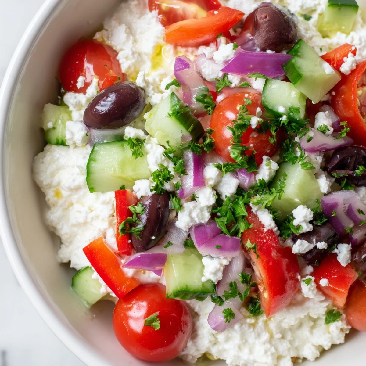 Creamy Greek salad cottage cheese bowl topped with crisp cucumbers, tomatoes, Kalamata olives, and crumbled feta