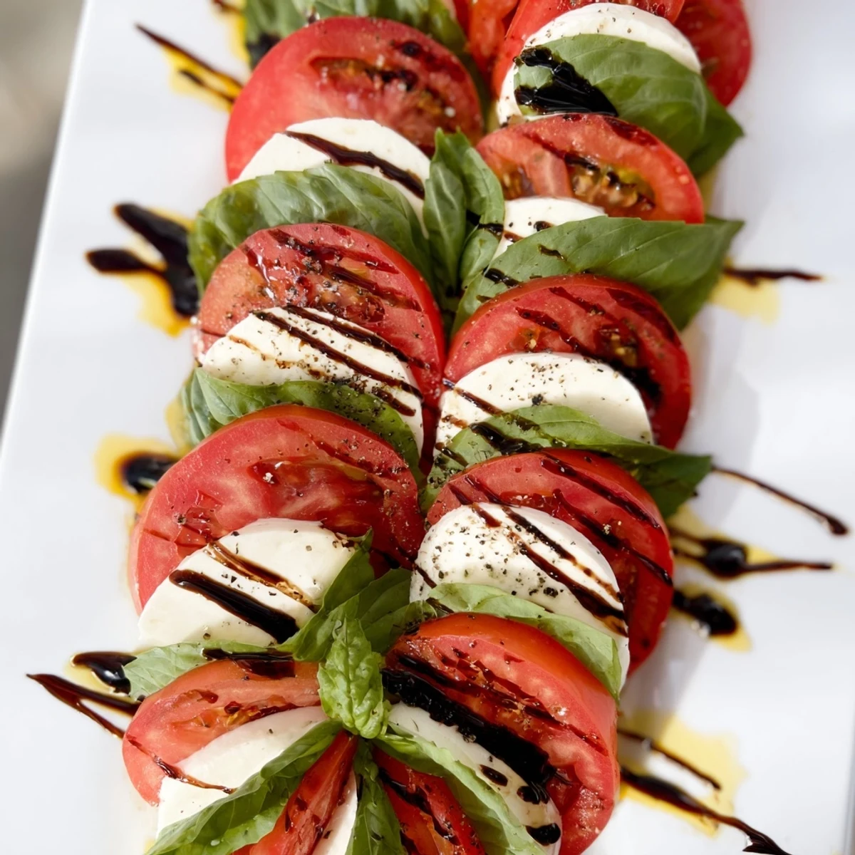 Festive Christmas candy cane Caprese salad arranged with alternating red tomato and white mozzarella slices