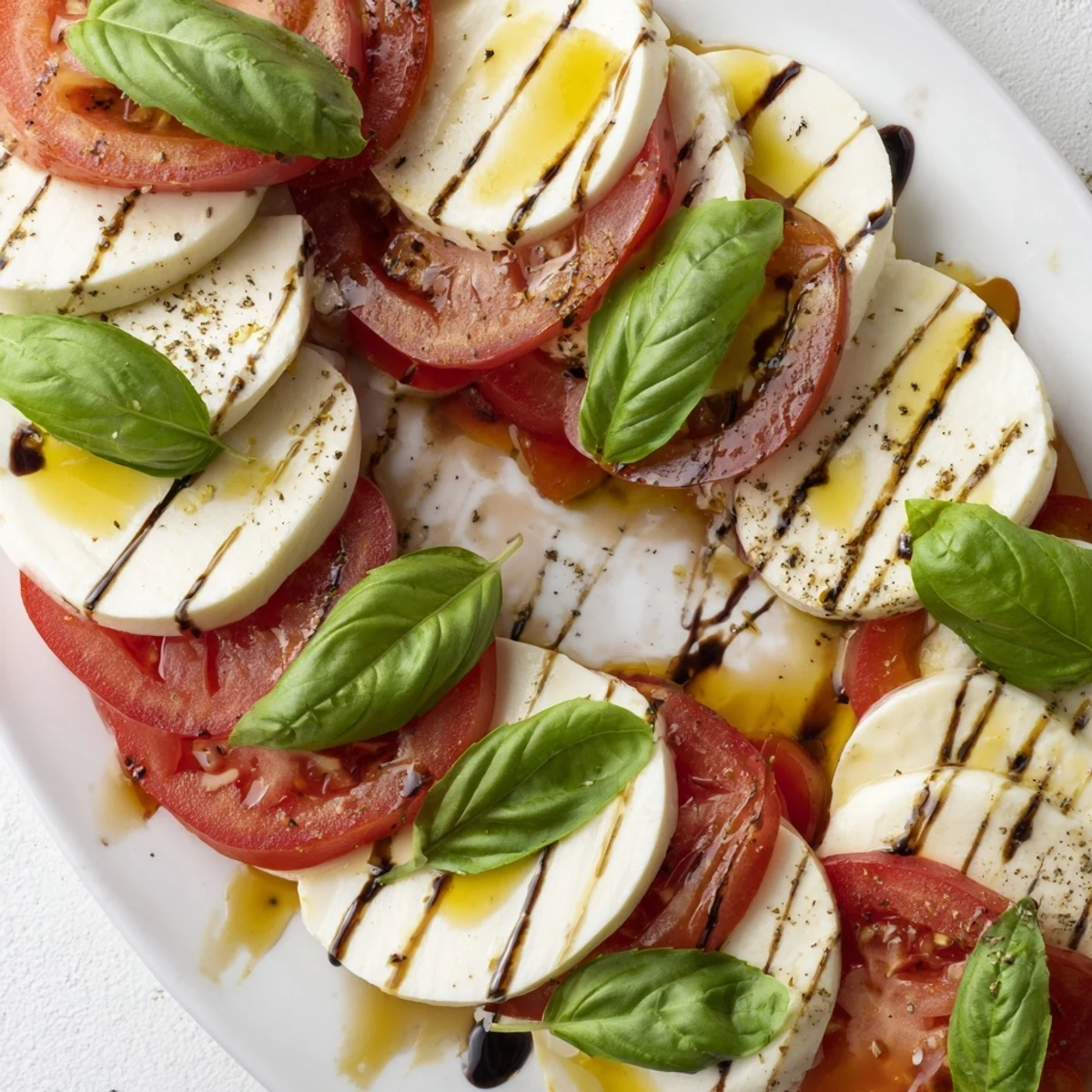 Holiday Caprese salad shaped like a candy cane drizzled with balsamic glaze and fresh basil