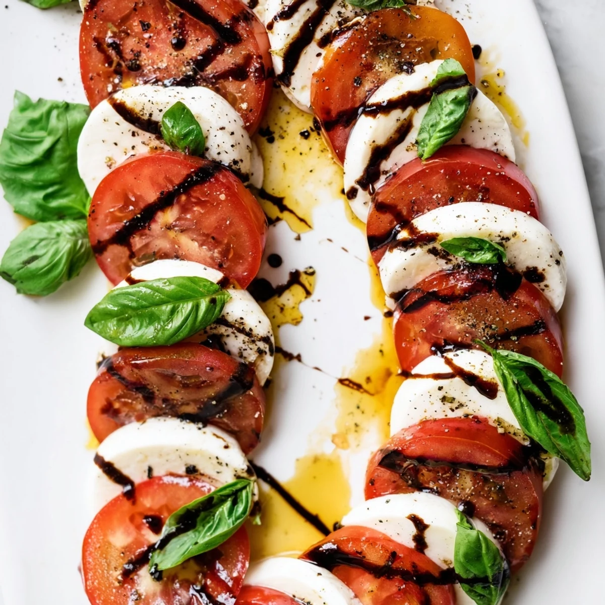 Fresh Christmas candy cane Caprese salad appetizer with mozzarella tomatoes and olive oil on platter