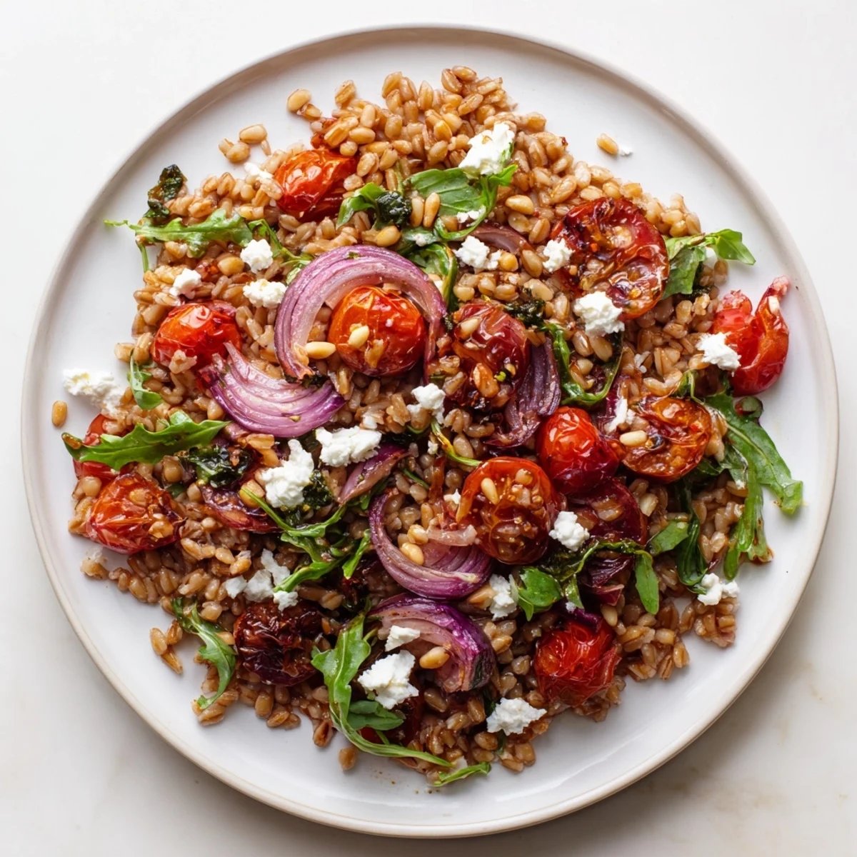 Golden slow roasted tomato farro salad topped with fresh basil and crumbled feta in a rustic wooden bowl