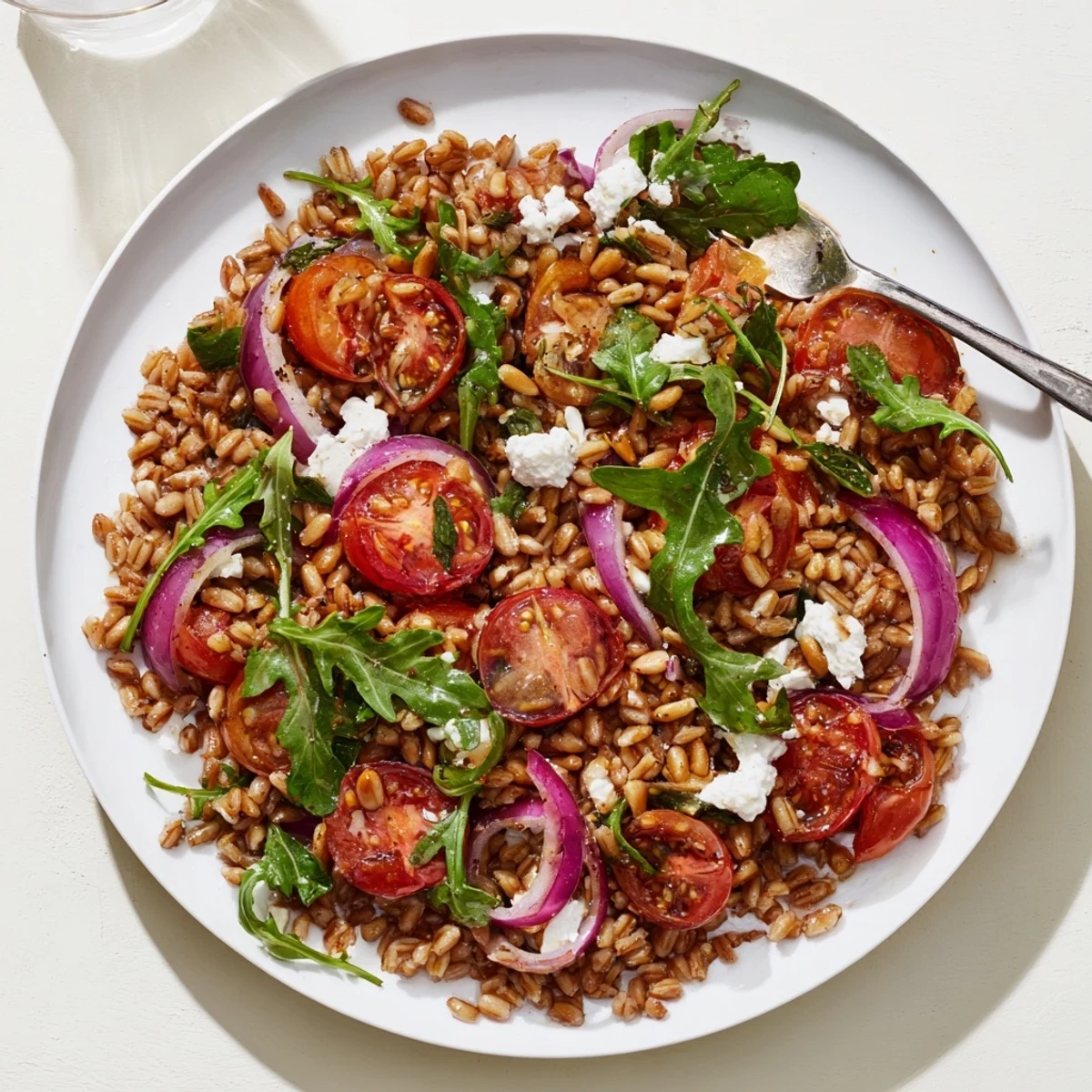 Hearty Mediterranean farro salad featuring sweet slow-roasted cherry tomatoes, baby arugula, and red onion on a white serving plate