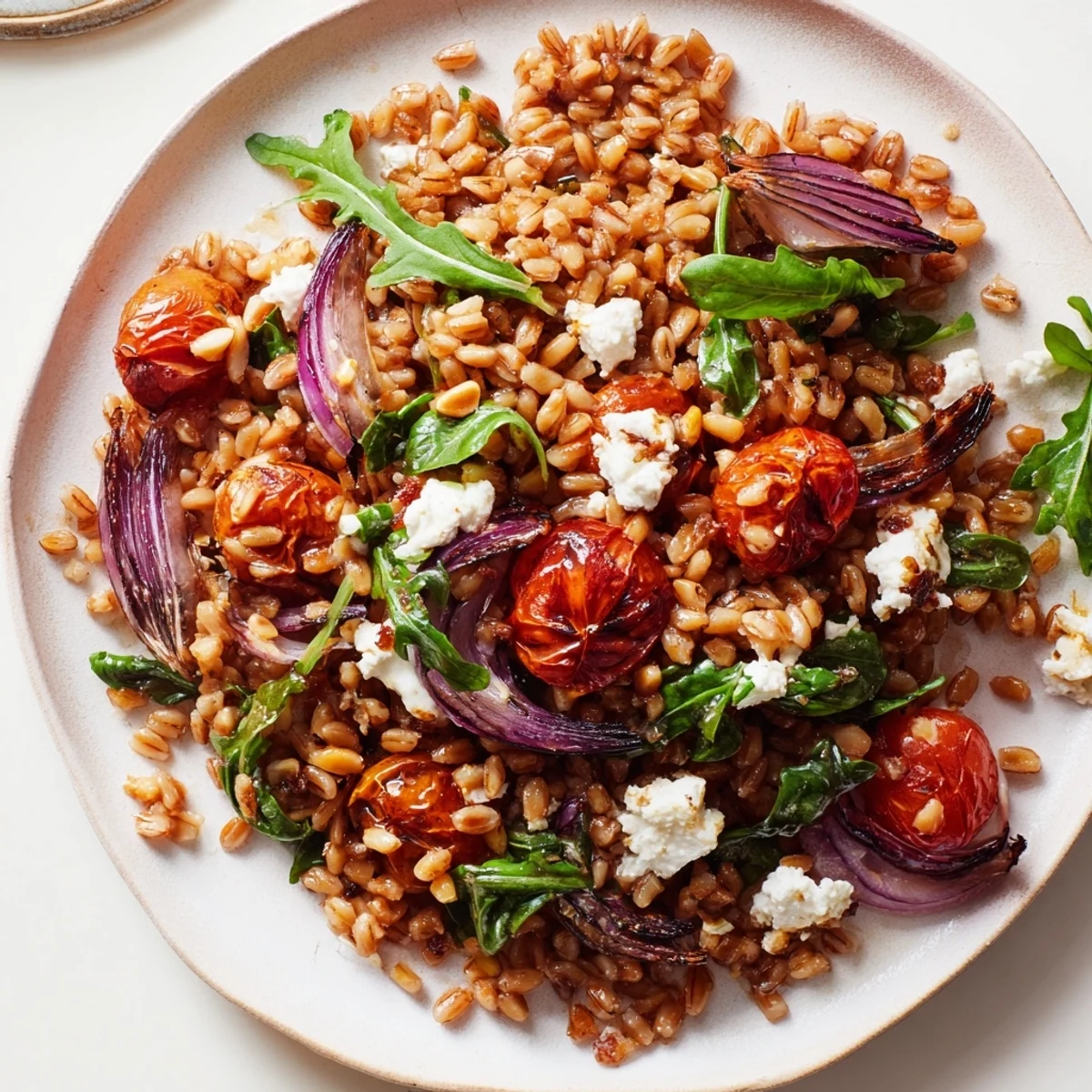 Close up of ultimate slow roasted tomato farro salad with toasted pine nuts and balsamic dressing glistening under natural light