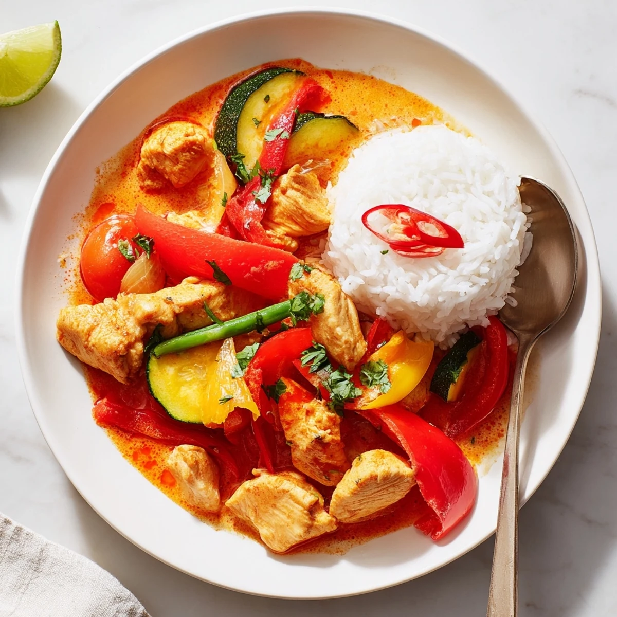 Spicy Summer Coconut Chicken Curry steaming over jasmine rice, cilantro and lime