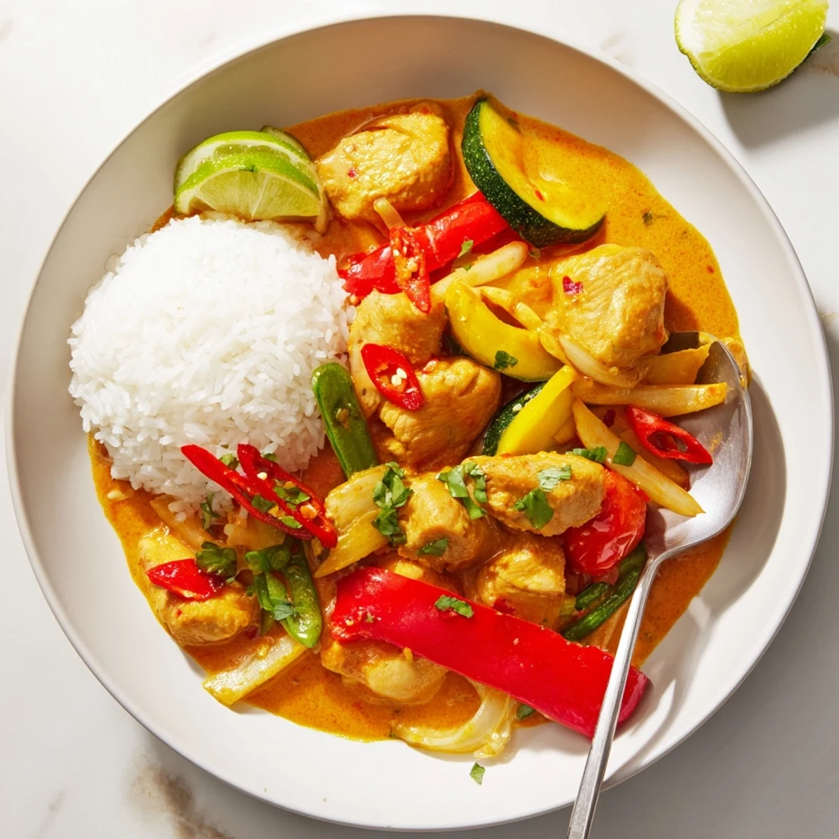 Skillet-sizzling Spicy Summer Coconut Chicken Curry in creamy sauce, garnished with cilantro
